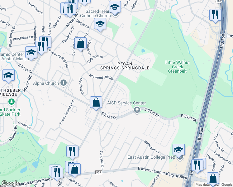 map of restaurants, bars, coffee shops, grocery stores, and more near 5314 Mulberry Grove Lane in Austin