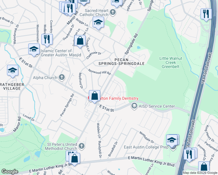 map of restaurants, bars, coffee shops, grocery stores, and more near 5314 Mulberry Grove Lane in Austin