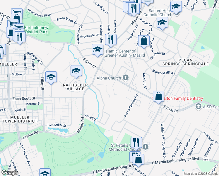 map of restaurants, bars, coffee shops, grocery stores, and more near 4808 Blueberry Trail in Austin