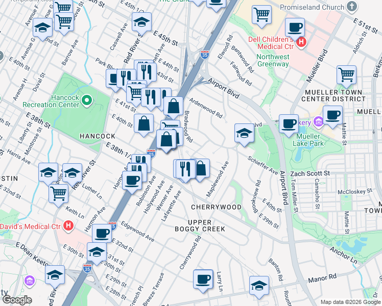map of restaurants, bars, coffee shops, grocery stores, and more near 1305 Kirkwood Road in Austin