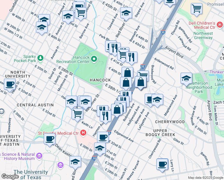 map of restaurants, bars, coffee shops, grocery stores, and more near 1000 East 38th Street in Austin