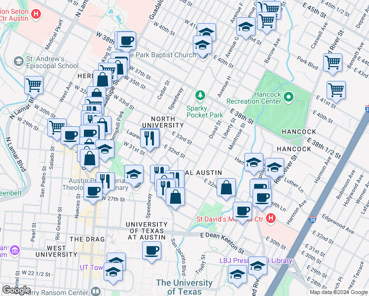 map of restaurants, bars, coffee shops, grocery stores, and more near 306 East 32nd Street in Austin