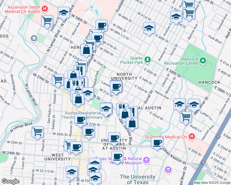 map of restaurants, bars, coffee shops, grocery stores, and more near 3100 Speedway in Austin