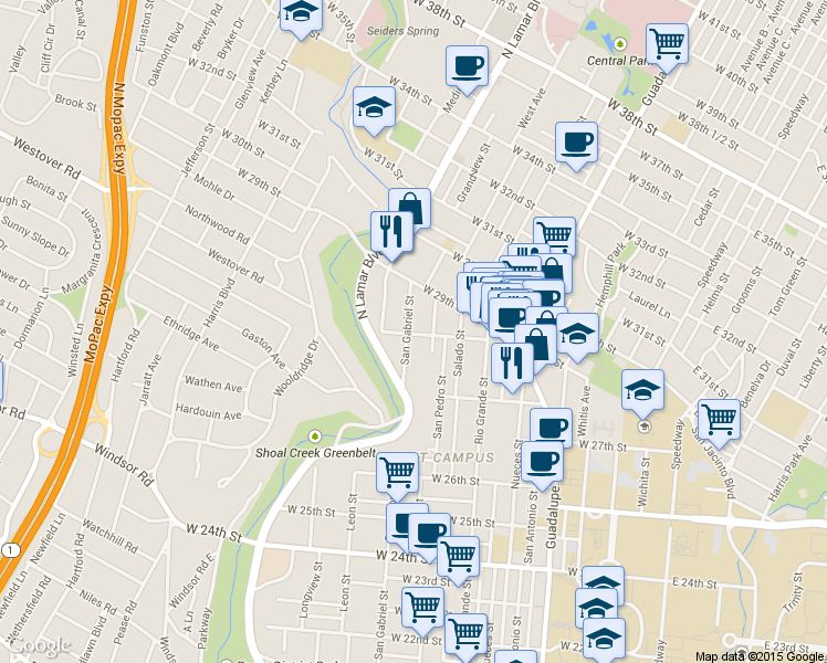 map of restaurants, bars, coffee shops, grocery stores, and more near 2818 San Gabriel Street in Austin