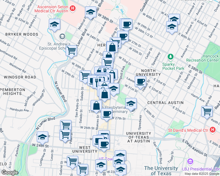 map of restaurants, bars, coffee shops, grocery stores, and more near 2908 Fruth Street in Austin
