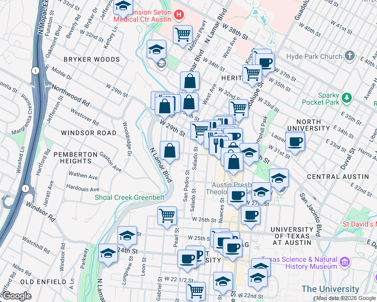 map of restaurants, bars, coffee shops, grocery stores, and more near 807 West 28th 1/2 Street in Austin