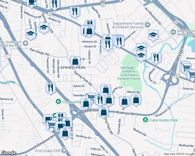 map of restaurants, bars, coffee shops, grocery stores, and more near 3628 Stanley Street in Jacksonville