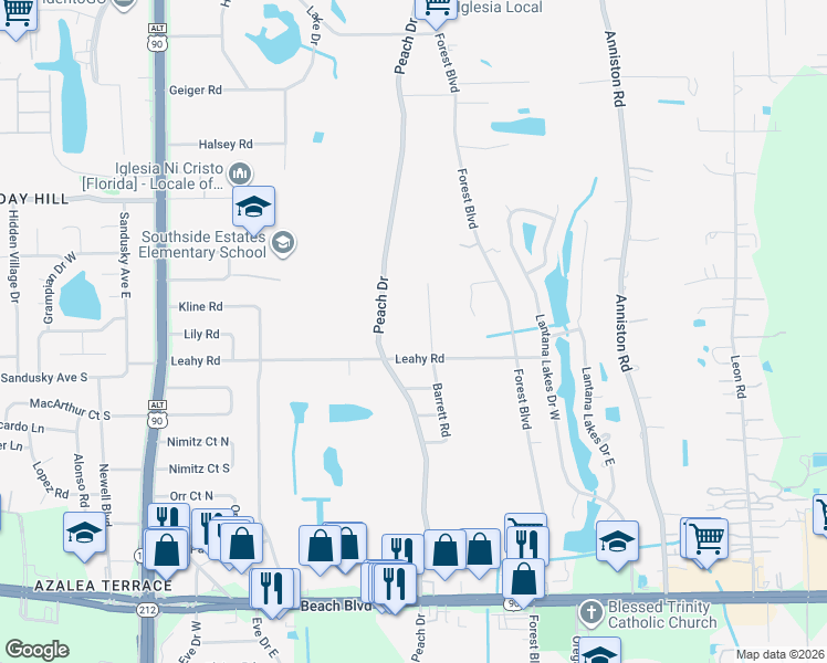 map of restaurants, bars, coffee shops, grocery stores, and more near 9919 Leahy Road in Jacksonville