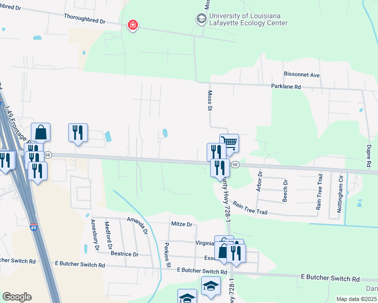 map of restaurants, bars, coffee shops, grocery stores, and more near 537 East Gloria Switch Road in Lafayette