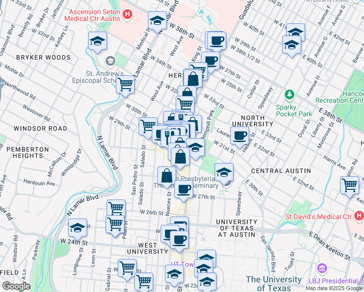 map of restaurants, bars, coffee shops, grocery stores, and more near 2910 Fruth Street in Austin