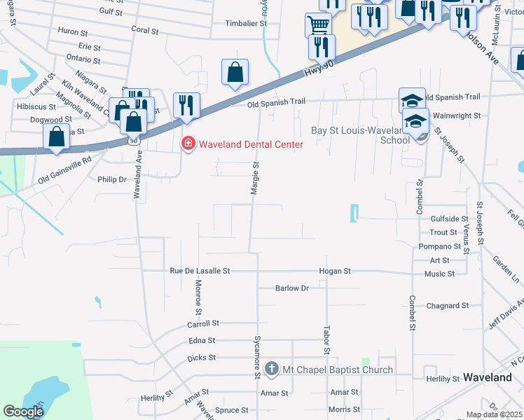 map of restaurants, bars, coffee shops, grocery stores, and more near 1111 Ryan Street in Waveland