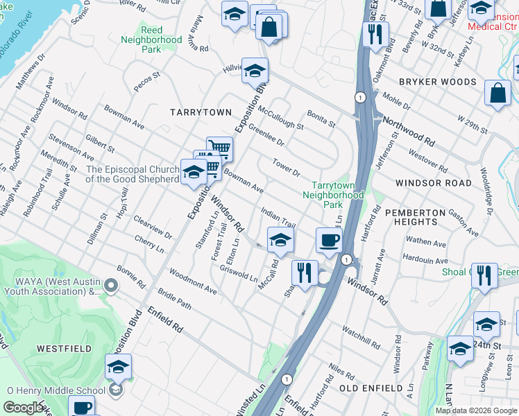 map of restaurants, bars, coffee shops, grocery stores, and more near 2401 Indian Trail in Austin