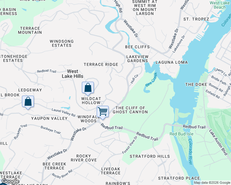 map of restaurants, bars, coffee shops, grocery stores, and more near 1401 Wildcat Hollow in West Lake Hills