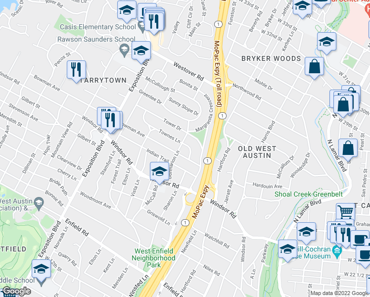 map of restaurants, bars, coffee shops, grocery stores, and more near 2103 Townes Lane in Austin