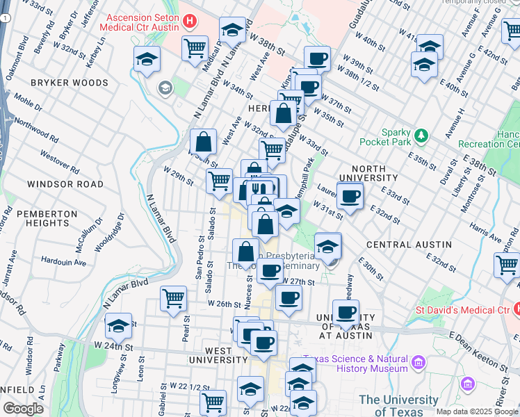 map of restaurants, bars, coffee shops, grocery stores, and more near 2910 Fruth Street in Austin