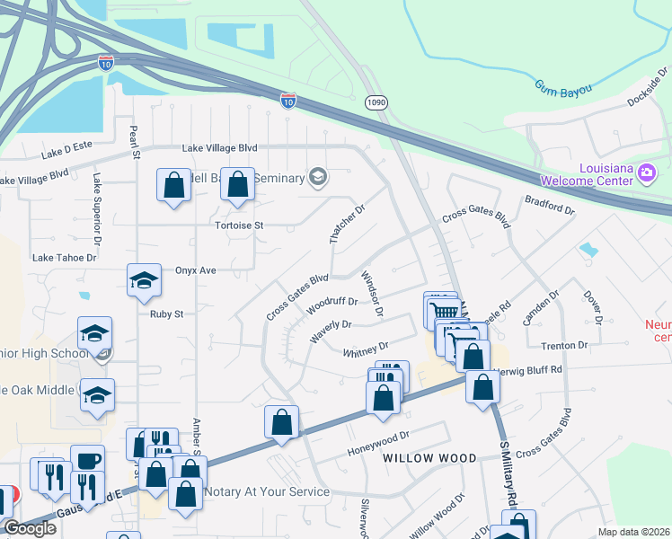 map of restaurants, bars, coffee shops, grocery stores, and more near 864 Cross Gates Blvd in Slidell