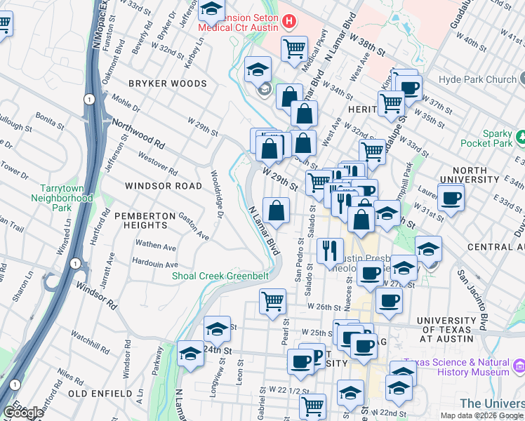 map of restaurants, bars, coffee shops, grocery stores, and more near 1008 West 28th 1/2 Street in Austin