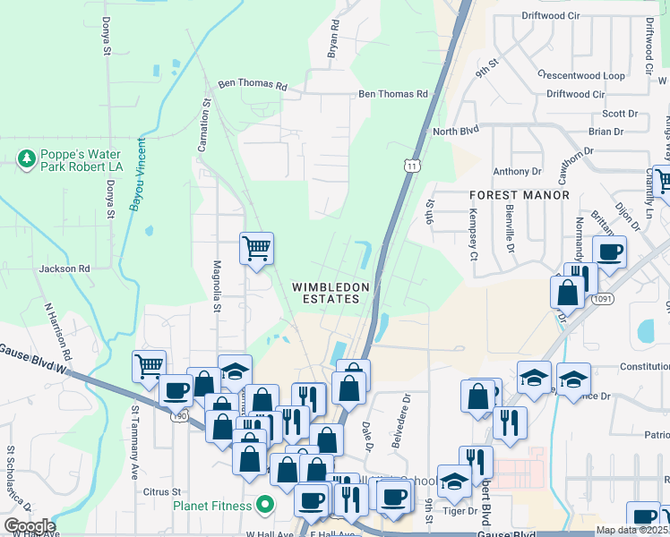 map of restaurants, bars, coffee shops, grocery stores, and more near 216 Aviator Street in Slidell