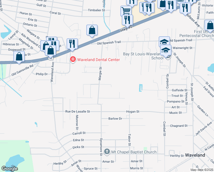 map of restaurants, bars, coffee shops, grocery stores, and more near 1111 Ryan Street in Waveland