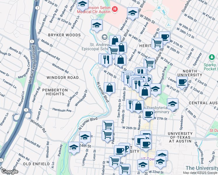 map of restaurants, bars, coffee shops, grocery stores, and more near 2818 San Gabriel Street in Austin