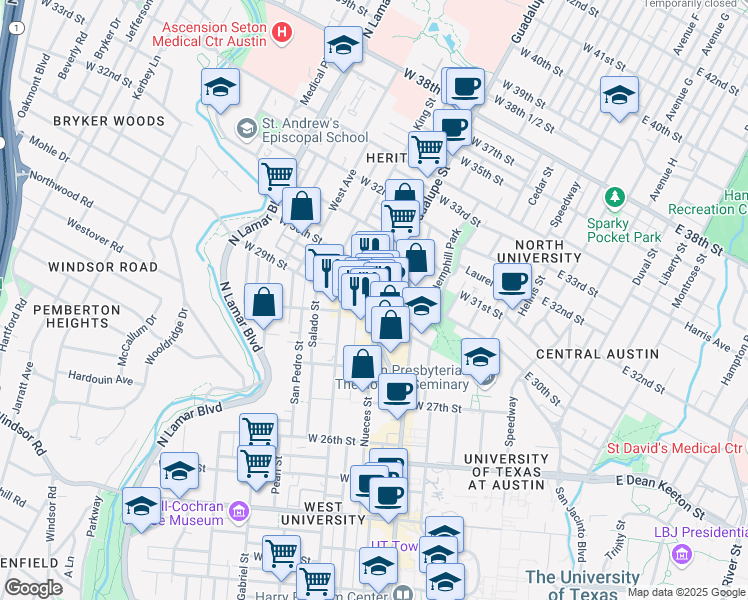 map of restaurants, bars, coffee shops, grocery stores, and more near 2912 Guadalupe St in Austin