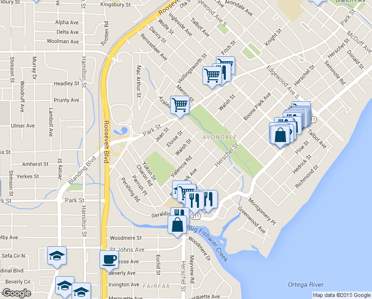 map of restaurants, bars, coffee shops, grocery stores, and more near 3864 Walsh St in Jacksonville