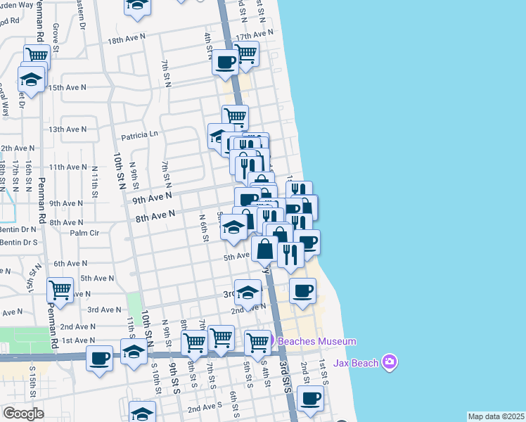 map of restaurants, bars, coffee shops, grocery stores, and more near 791 Florida A1A in Jacksonville Beach