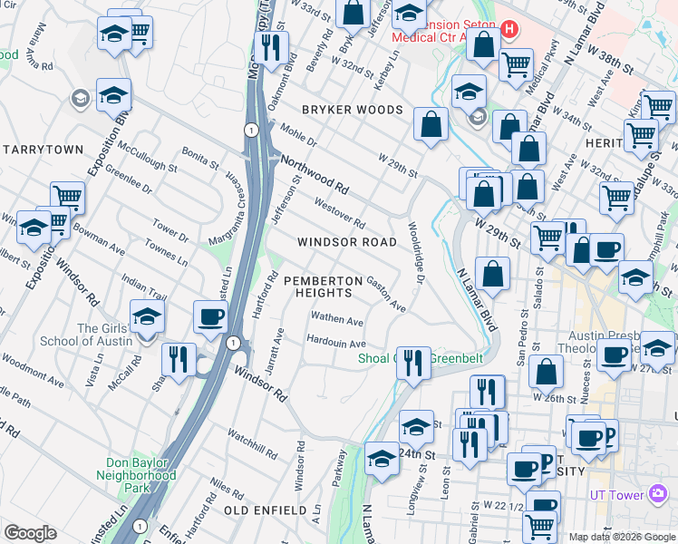 map of restaurants, bars, coffee shops, grocery stores, and more near 2607 Harris Boulevard in Austin