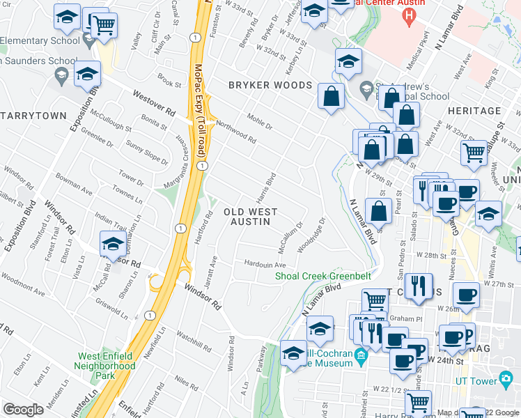 map of restaurants, bars, coffee shops, grocery stores, and more near 2607 Harris Boulevard in Austin