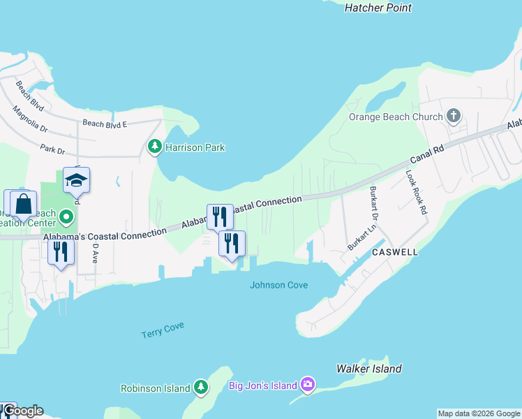 map of restaurants, bars, coffee shops, grocery stores, and more near 4809 McNutt Lane in Orange Beach