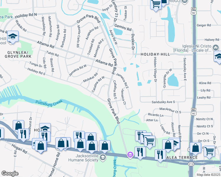 map of restaurants, bars, coffee shops, grocery stores, and more near 1161 Grove Park Boulevard in Jacksonville