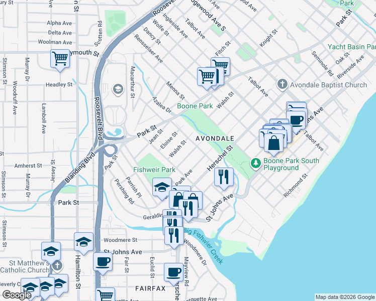 map of restaurants, bars, coffee shops, grocery stores, and more near 3858 Valencia Road in Jacksonville