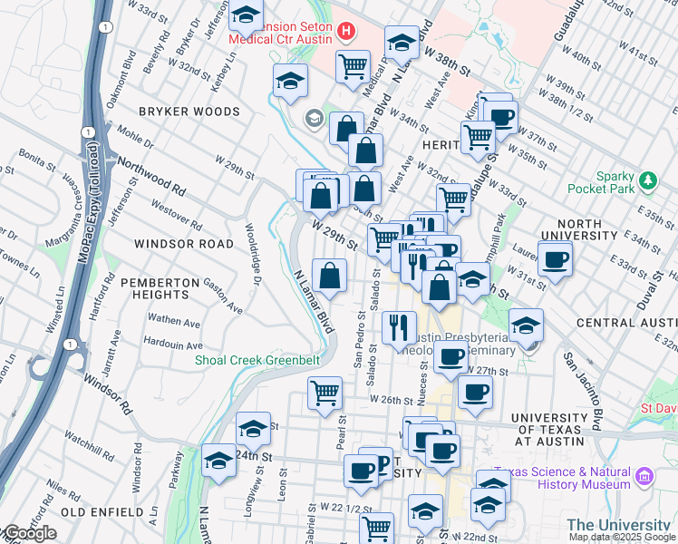 map of restaurants, bars, coffee shops, grocery stores, and more near 2818 San Gabriel Street in Austin