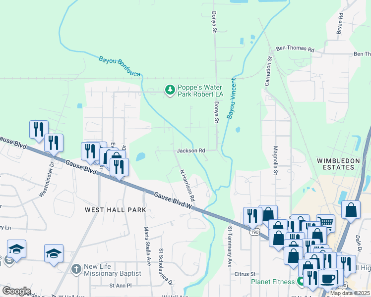 map of restaurants, bars, coffee shops, grocery stores, and more near 36428 Jackson Road in Slidell