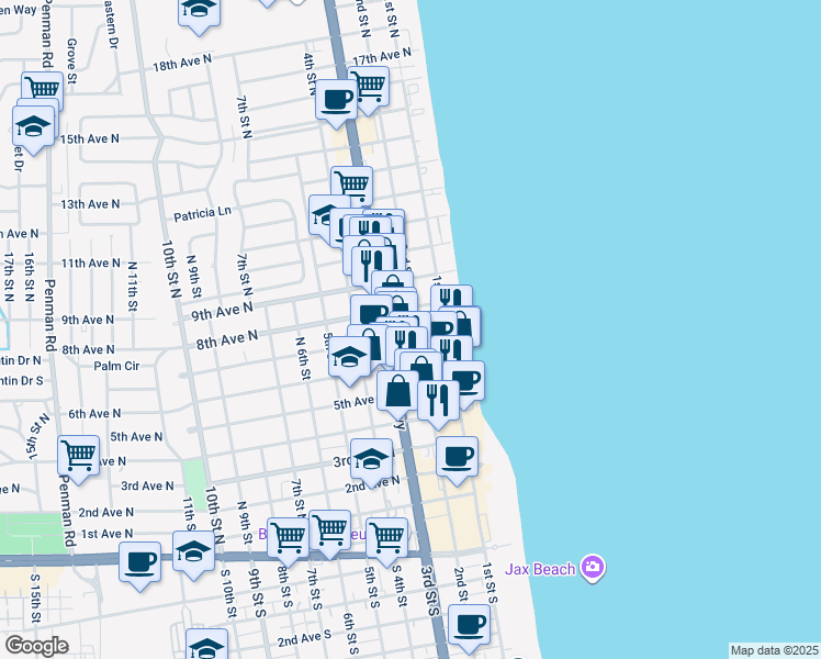 map of restaurants, bars, coffee shops, grocery stores, and more near 802 2nd Street North in Jacksonville Beach