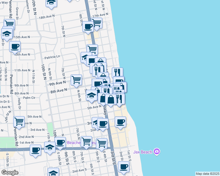 map of restaurants, bars, coffee shops, grocery stores, and more near 311 3rd Street North in Jacksonville Beach