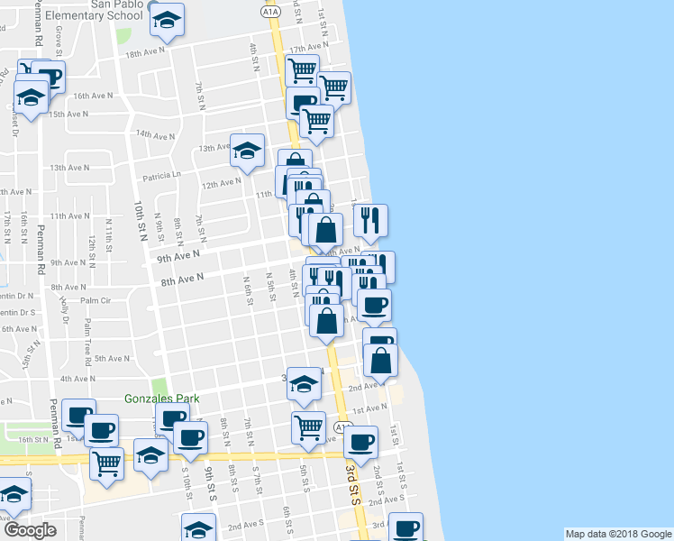 map of restaurants, bars, coffee shops, grocery stores, and more near 791 Florida A1A in Jacksonville Beach