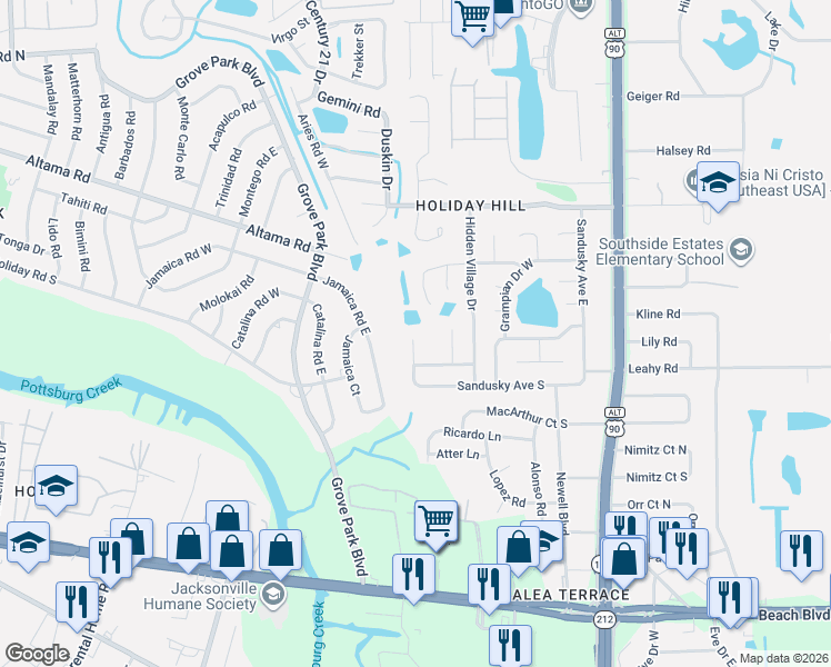 map of restaurants, bars, coffee shops, grocery stores, and more near 2742 Sandusky Avenue West in Jacksonville