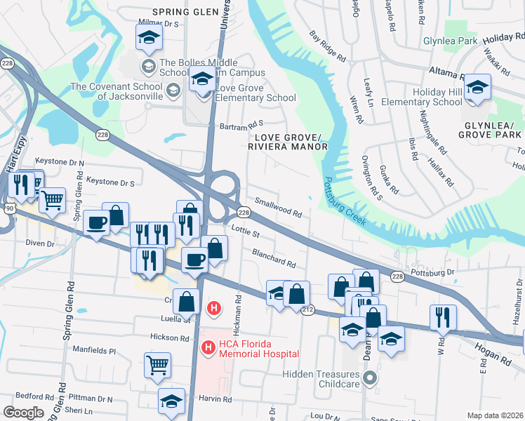 map of restaurants, bars, coffee shops, grocery stores, and more near 1425 Hickman Road in Jacksonville