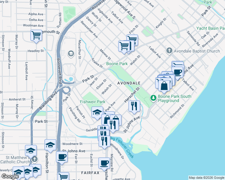map of restaurants, bars, coffee shops, grocery stores, and more near 3858 Valencia Road in Jacksonville