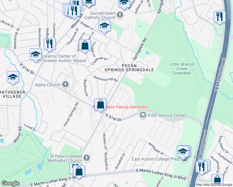 map of restaurants, bars, coffee shops, grocery stores, and more near 5314 Mulberry Grove Lane in Austin