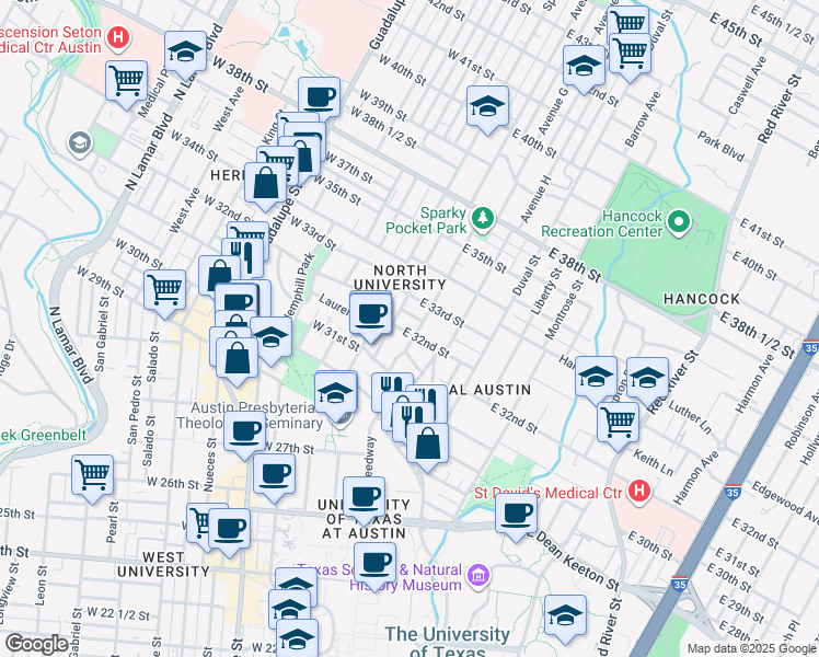 map of restaurants, bars, coffee shops, grocery stores, and more near 3115 Helms Street in Austin