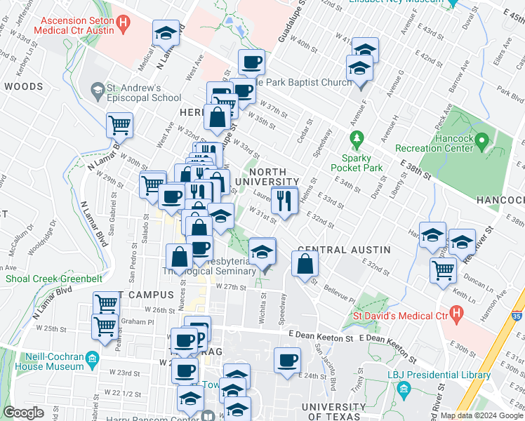 map of restaurants, bars, coffee shops, grocery stores, and more near in Austin