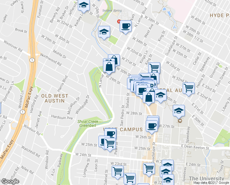 map of restaurants, bars, coffee shops, grocery stores, and more near 2818 San Gabriel Street in Austin
