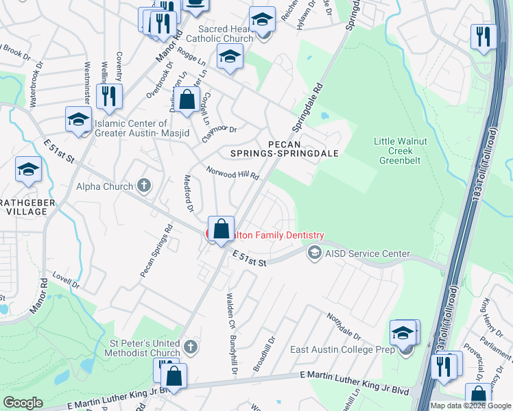map of restaurants, bars, coffee shops, grocery stores, and more near 5314 Mulberry Grove Lane in Austin