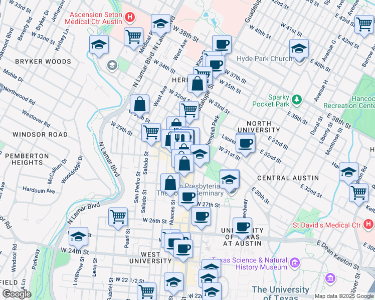 map of restaurants, bars, coffee shops, grocery stores, and more near 501 West 30th Street in Austin