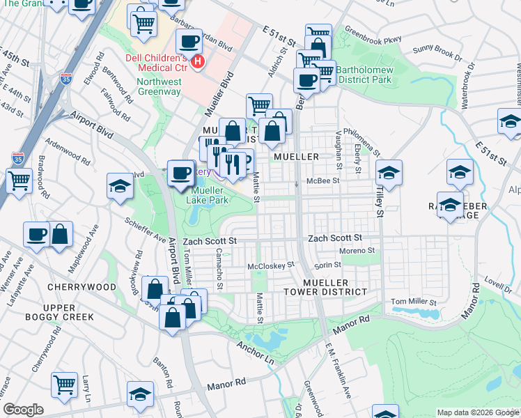 map of restaurants, bars, coffee shops, grocery stores, and more near 4305 Mattie Street in Austin