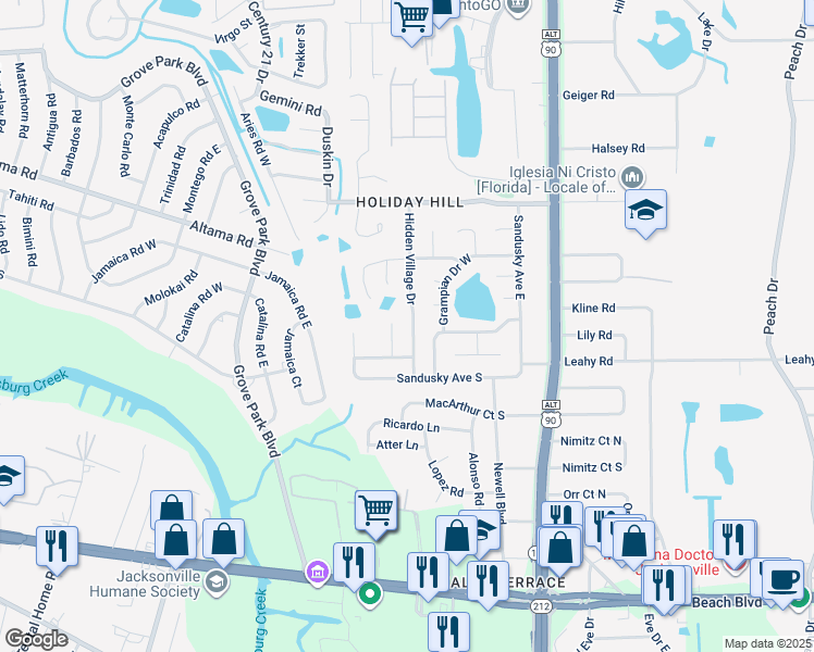 map of restaurants, bars, coffee shops, grocery stores, and more near 2756 Hidden Village Drive in Jacksonville