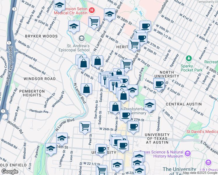 map of restaurants, bars, coffee shops, grocery stores, and more near Rio Grande Street & West 29th Street in Austin
