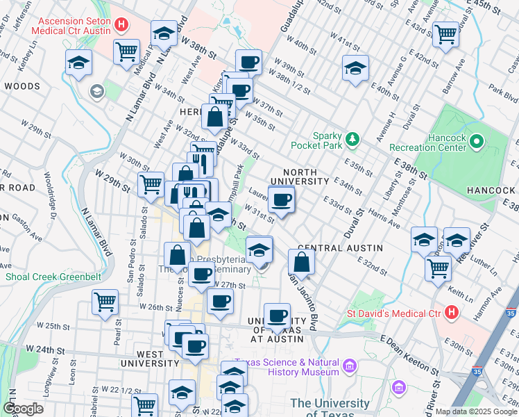 map of restaurants, bars, coffee shops, grocery stores, and more near in Austin